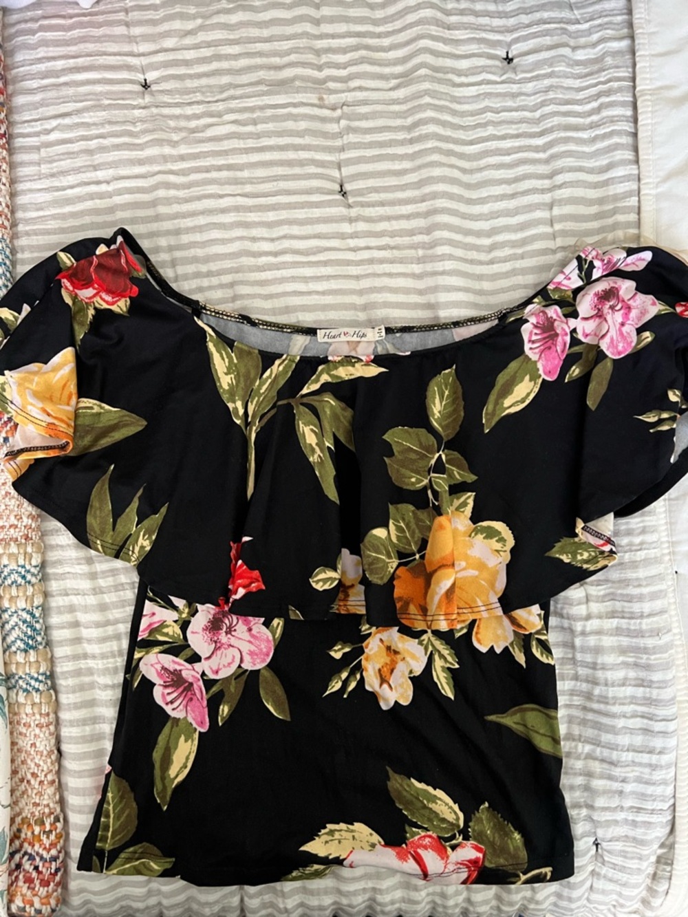 Heart Hips Black Floral Off-Shoulder Blouse with Pink and Yellow Blooms